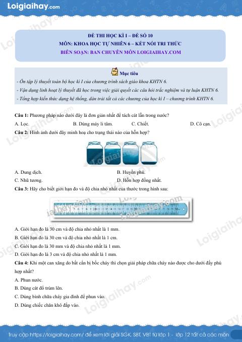 Đề thi học kì 1 KHTN 6 - Kết nối tri thức - Đề số 10